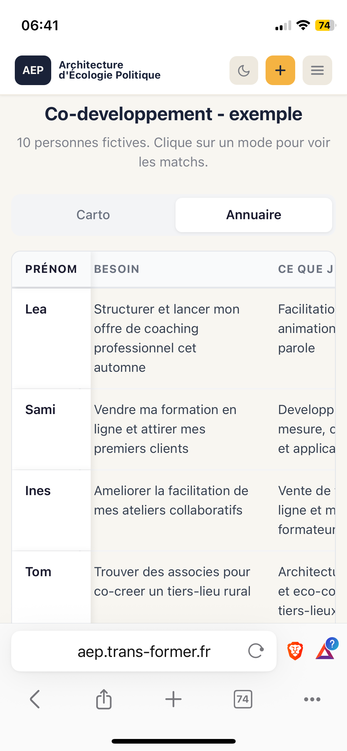 App codev - écran principal